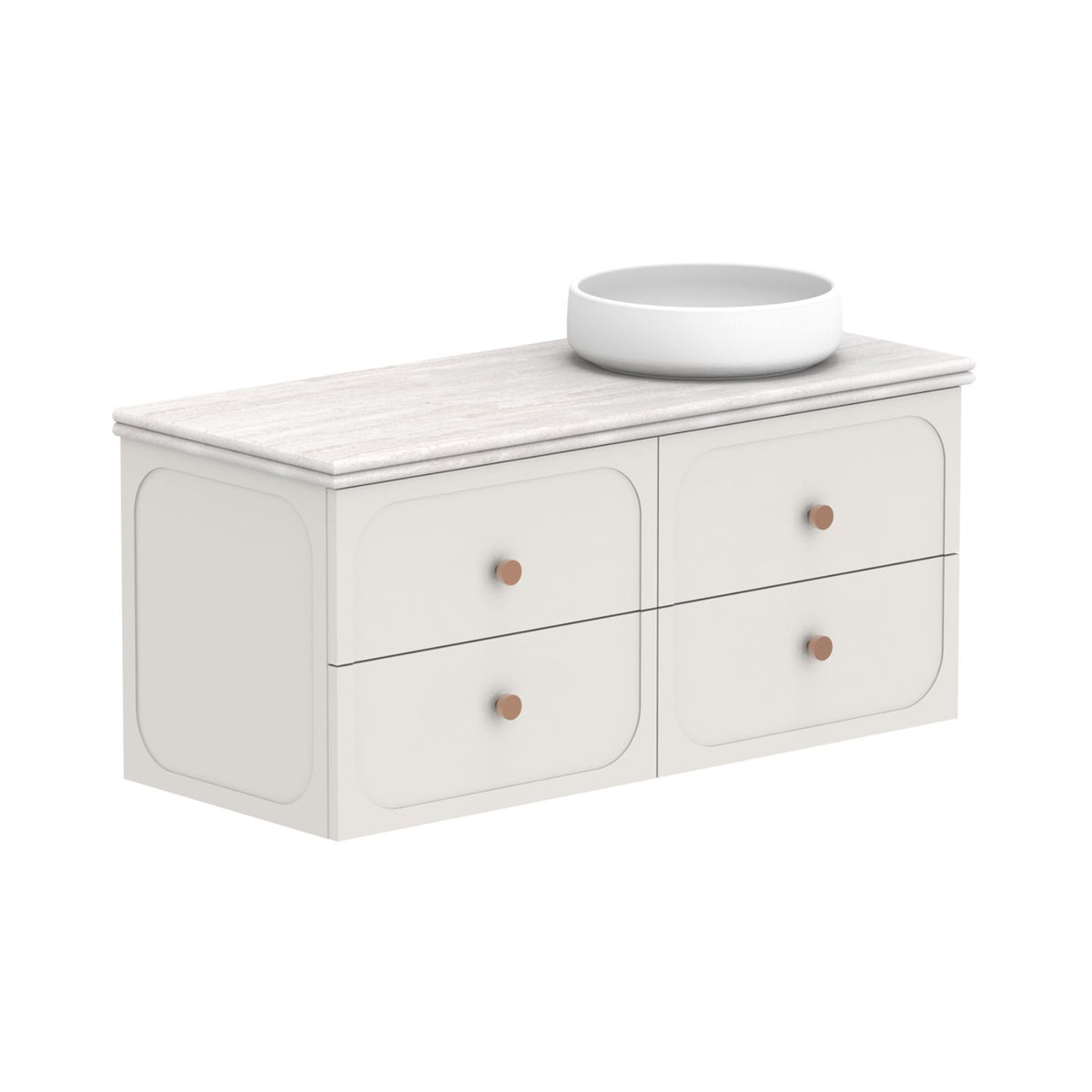 ADP Madden wall hung vanity, white with Caesarstone benchtop, twin drawers and round vessel basin, angled view