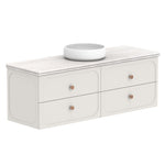 ADP Madden wall hung vanity in white with Caesarstone benchtop, twin drawers and round bowl basin, angled view