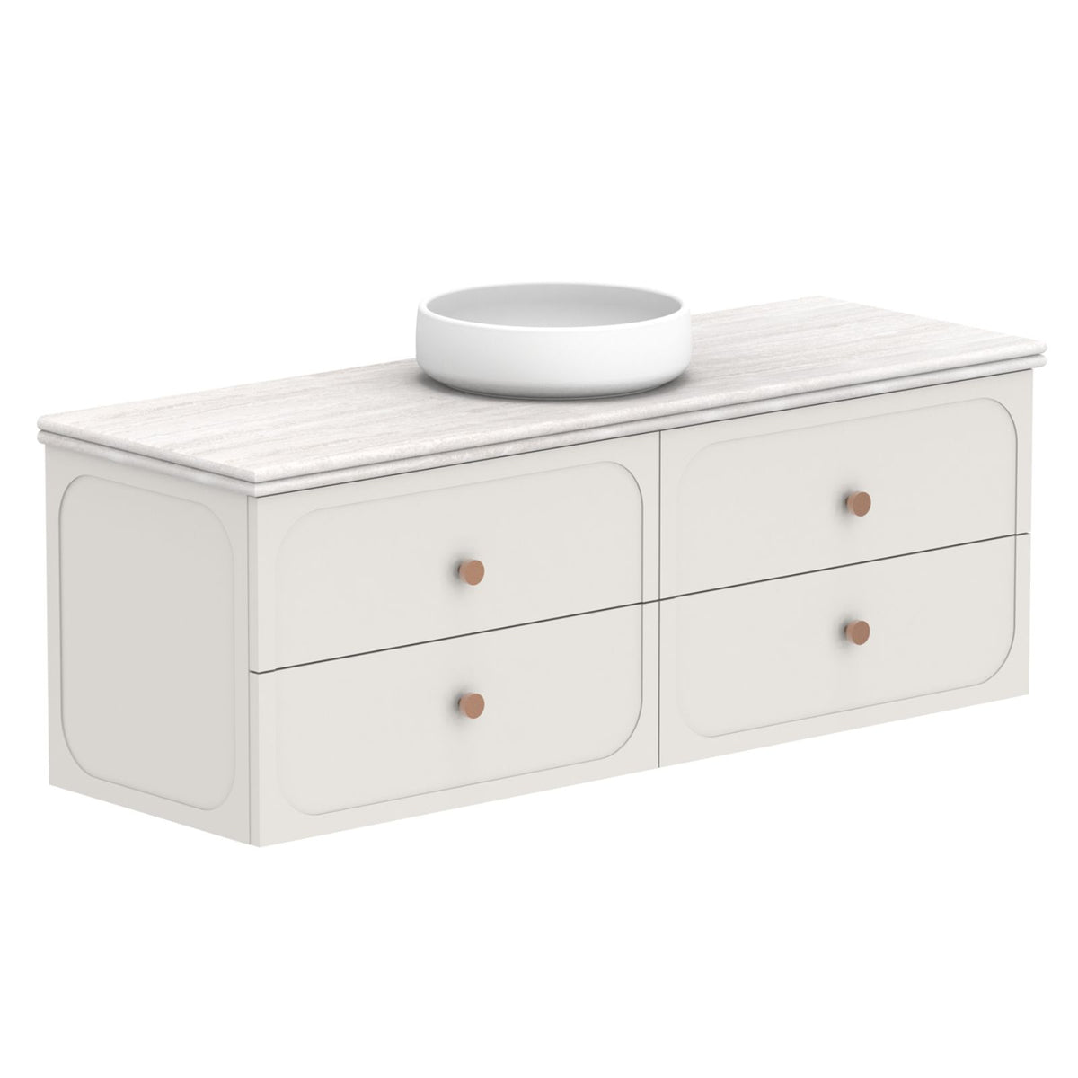 ADP Madden wall hung vanity in white with Caesarstone benchtop, twin drawers and round bowl basin, angled view