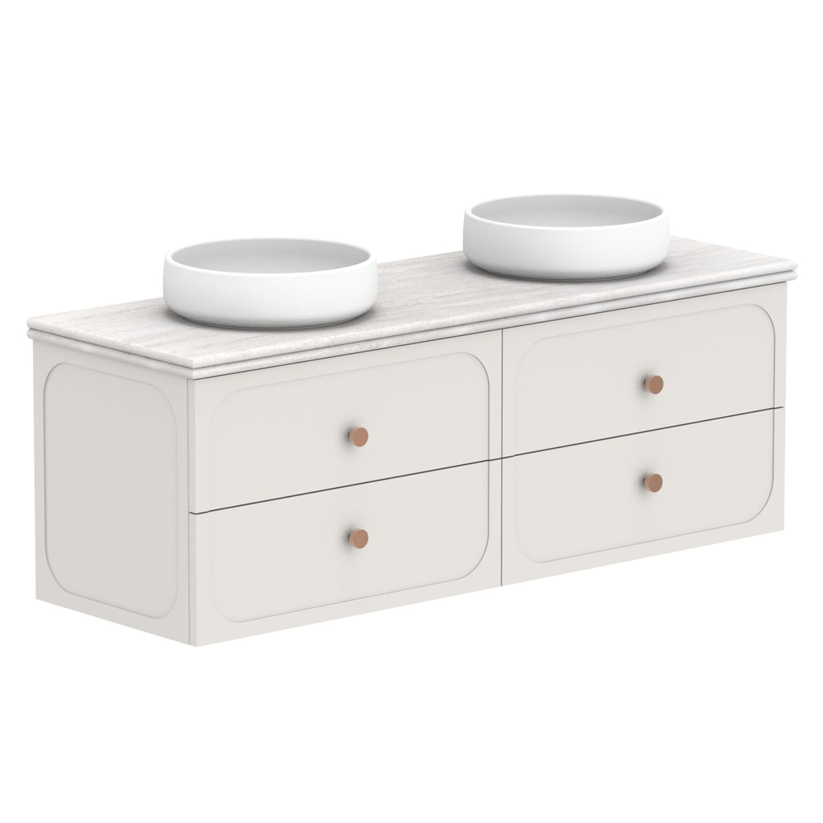 ADP Madden wall hung vanity with Caesarstone benchtop, 1500mm white twin-drawer unit with dual round vessel basins