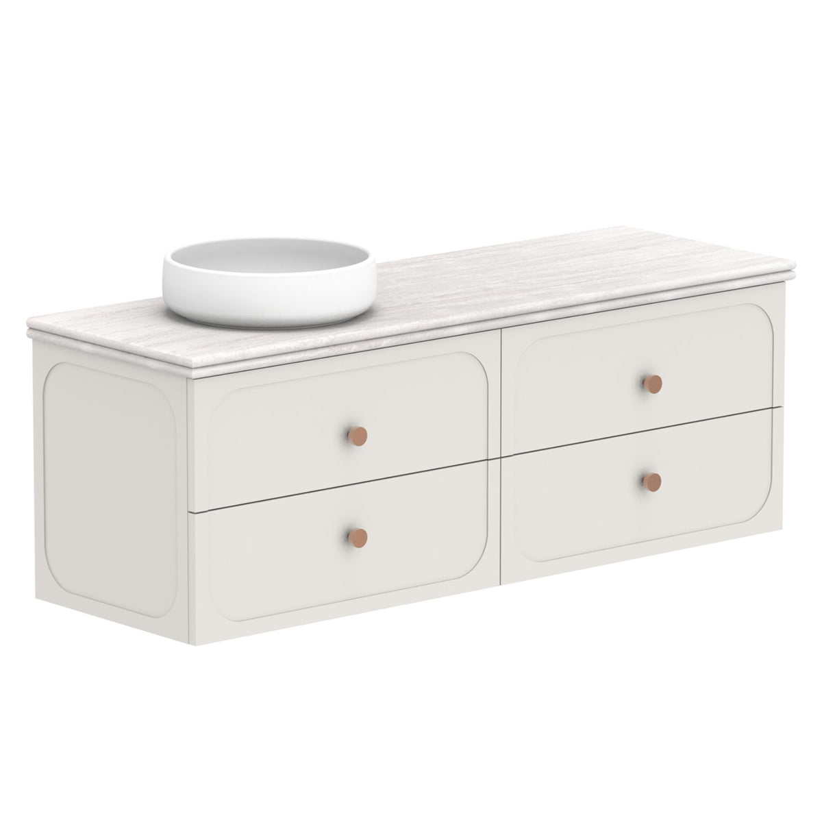 ADP Madden wall hung vanity with Caesarstone benchtop, white twin-drawer cabinet with round bowl basin, front view