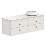 ADP Madden wall hung vanity with Caesarstone benchtop, white double drawer unit with rounded edges and round knobs, 1500mm style display model