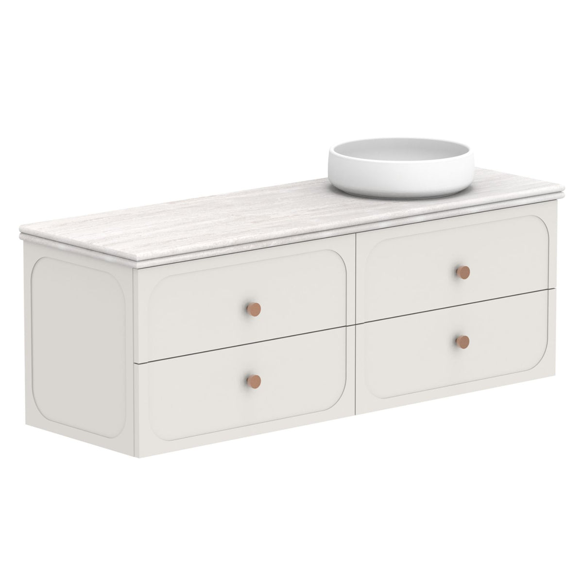 ADP Madden wall hung vanity with Caesarstone benchtop, white double drawer unit with rounded edges and round knobs, 1500mm style display model