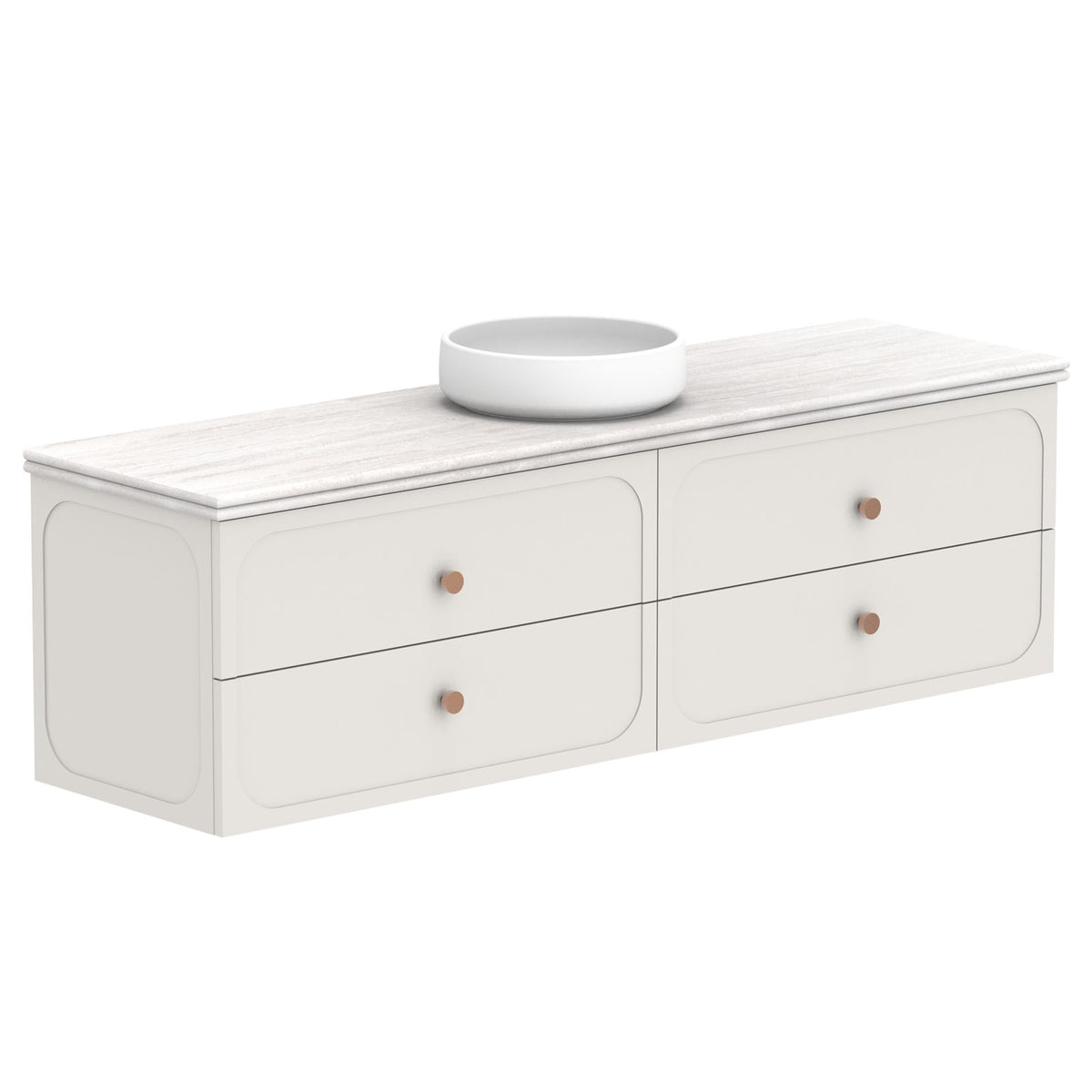 ADP Madden wall hung vanity, white with Caesarstone benchtop, twin drawers and round bowl sink, angled view