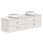 ADP Madden wall hung vanity with Caesarstone benchtop, white twin-drawer unit with round bowls and rose gold knobs