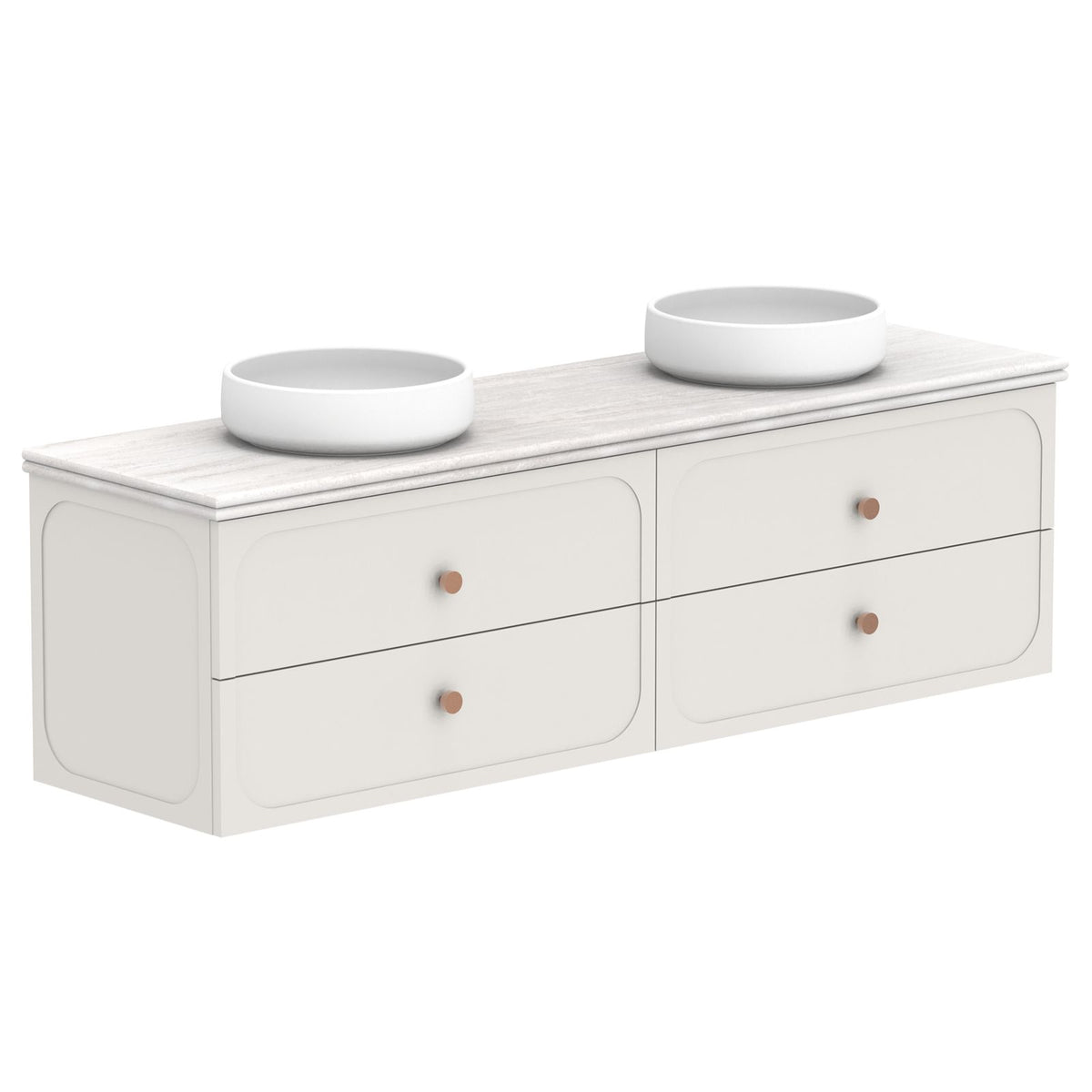 ADP Madden wall hung vanity with Caesarstone benchtop, white twin-drawer unit with round bowls and rose gold knobs