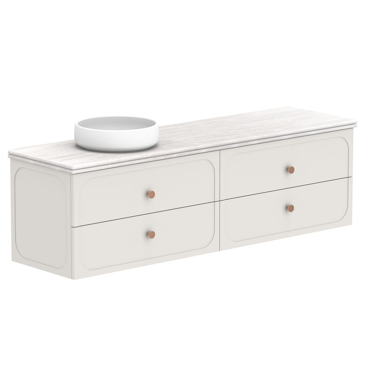 ADP Madden wall hung vanity with Caesarstone benchtop, white finish, twin drawers and round bowl basin cut-out, angled view
