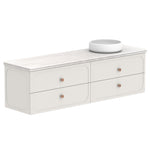 ADP Madden wall hung vanity with Caesarstone benchtop, white, 1800mm double bowl style, with four drawers and round copper knobs