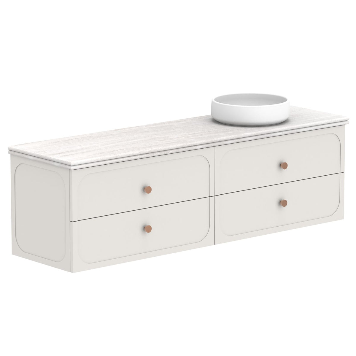 ADP Madden wall hung vanity with Caesarstone benchtop, white, 1800mm double bowl style, with four drawers and round copper knobs