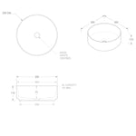 ADP Maggie 300mm round above counter basin in white, shown in dimensioned technical drawing with top and side views