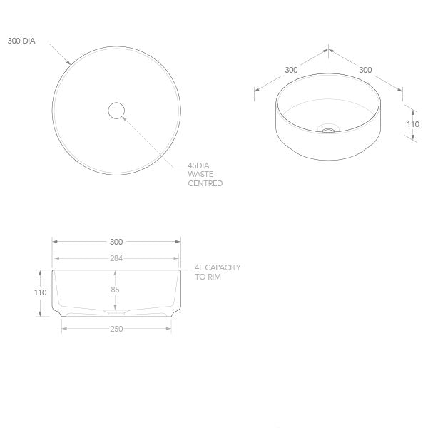 ADP Maggie 300mm round above counter basin in white, shown in dimensioned technical drawing with top and side views