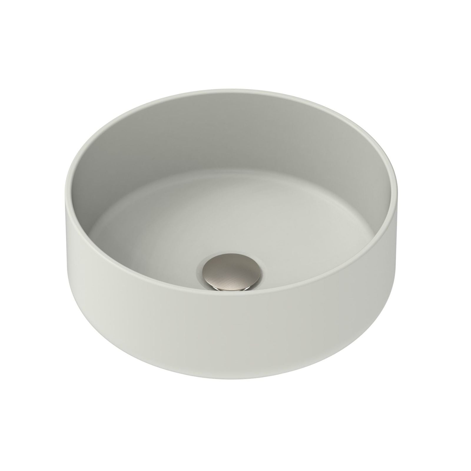 ADP Margot round above counter basin in matte concrete, grey ceramic finish, shown from above with no tap hole