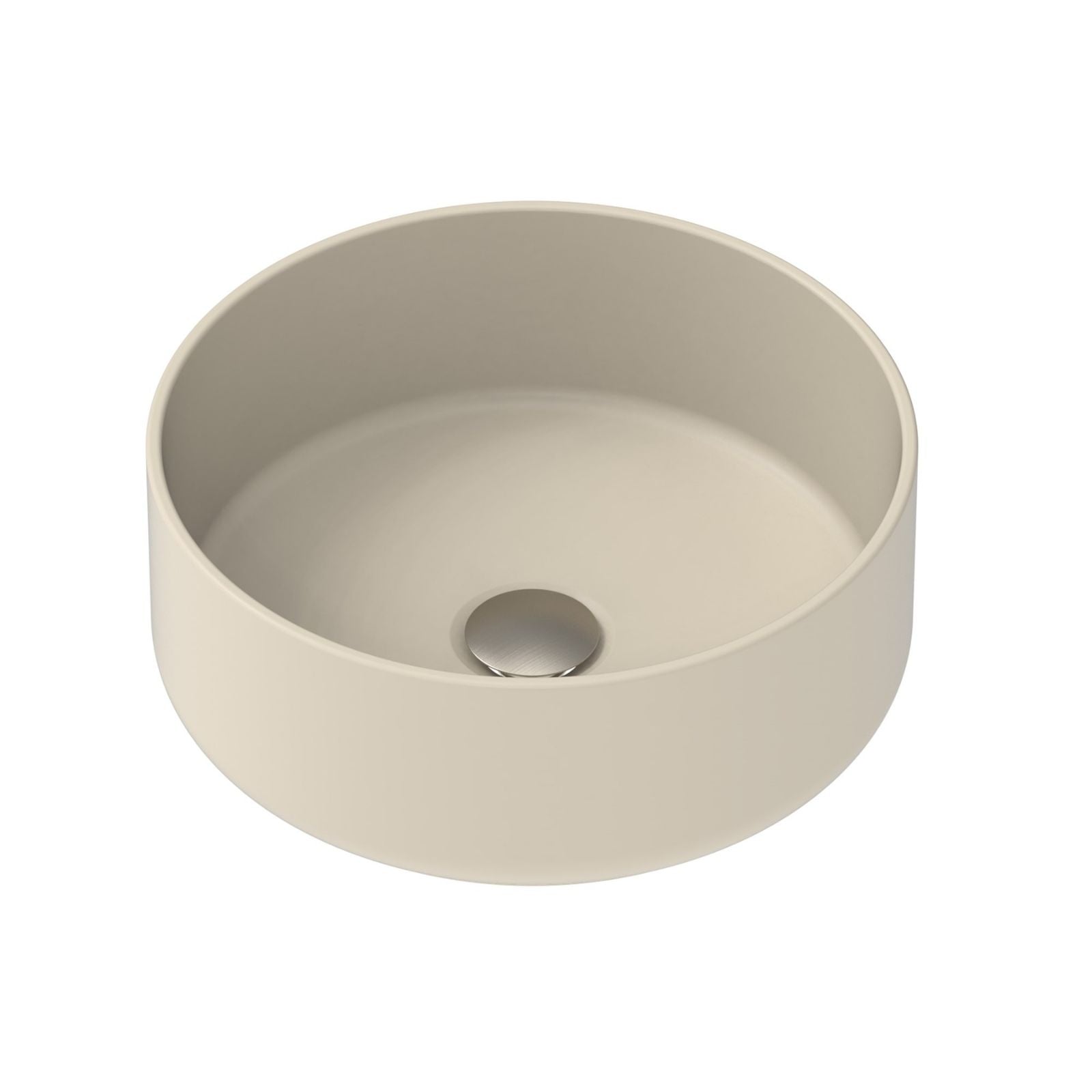 ADP Margot round above counter basin in matte ivory ceramic, shown from above with no tap hole or overflow