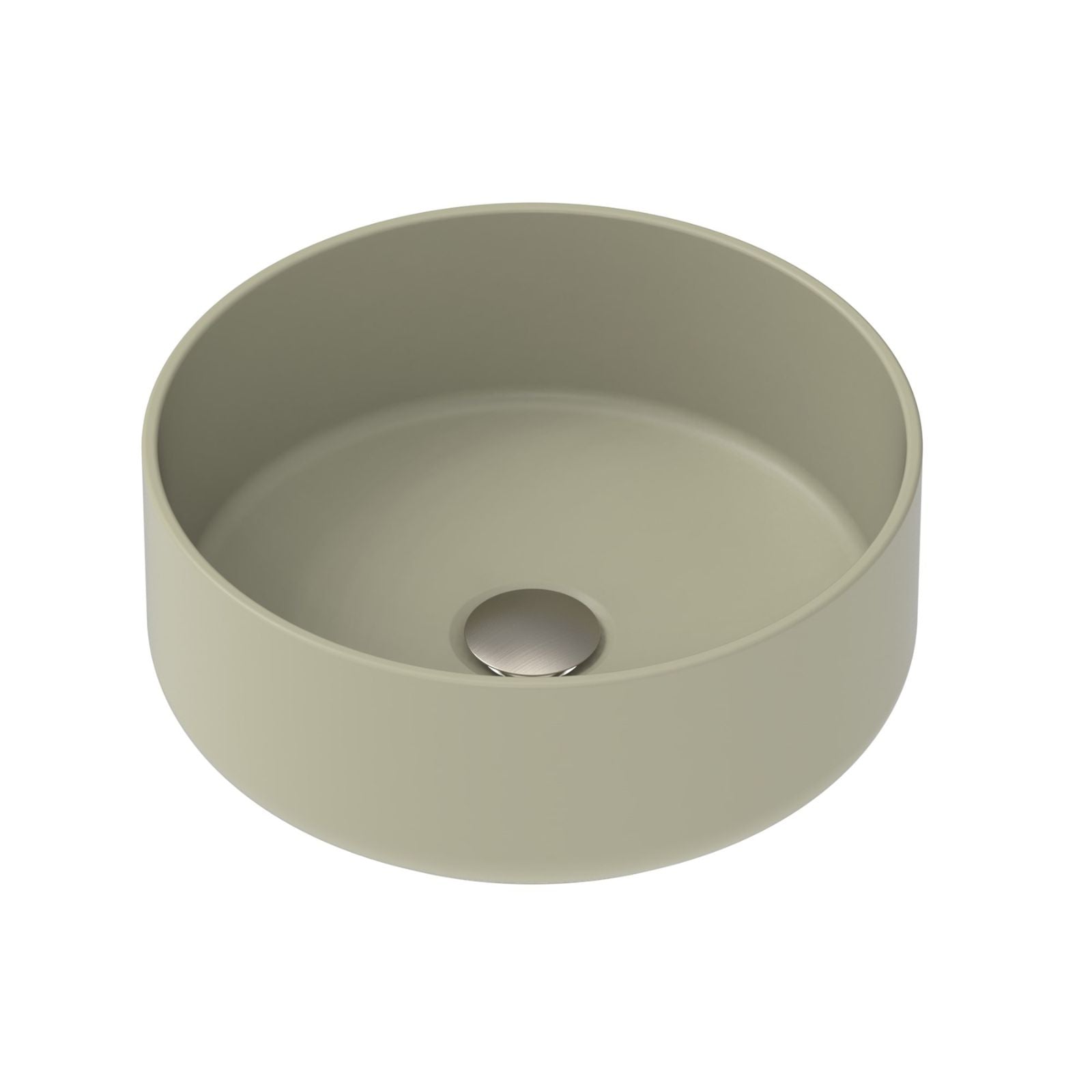 ADP Margot round ceramic above counter basin in matte olive, shown from above with centre waste opening