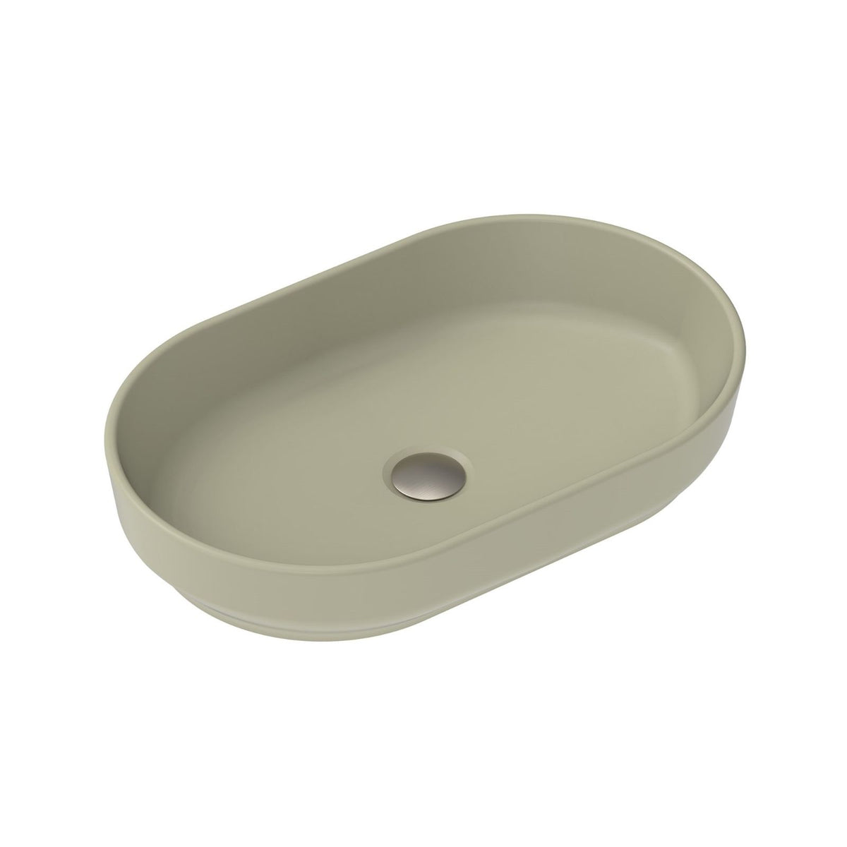 ADP Marilyn above counter basin in matte olive, oval ceramic basin with no tap hole, angled view