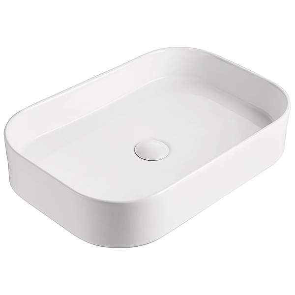 ADP Max gloss white rectangular above counter basin, angled view with centre waste hole cut-out