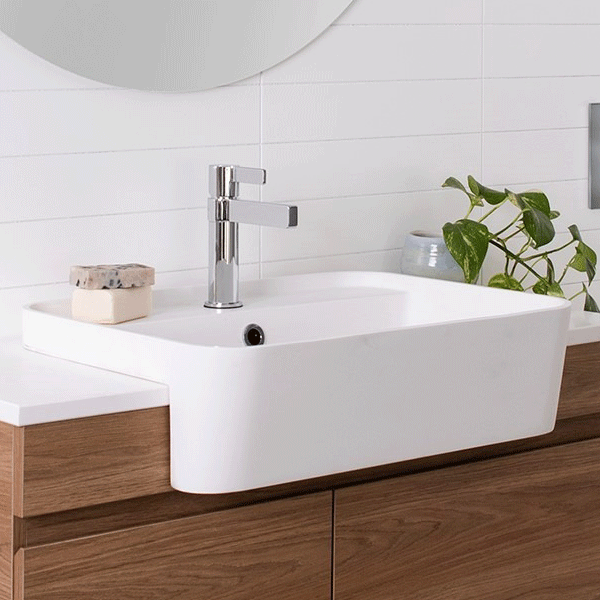 ADP Miya semi-recessed basin in matte white, rectangular ceramic with mixer tap, over a timber vanity