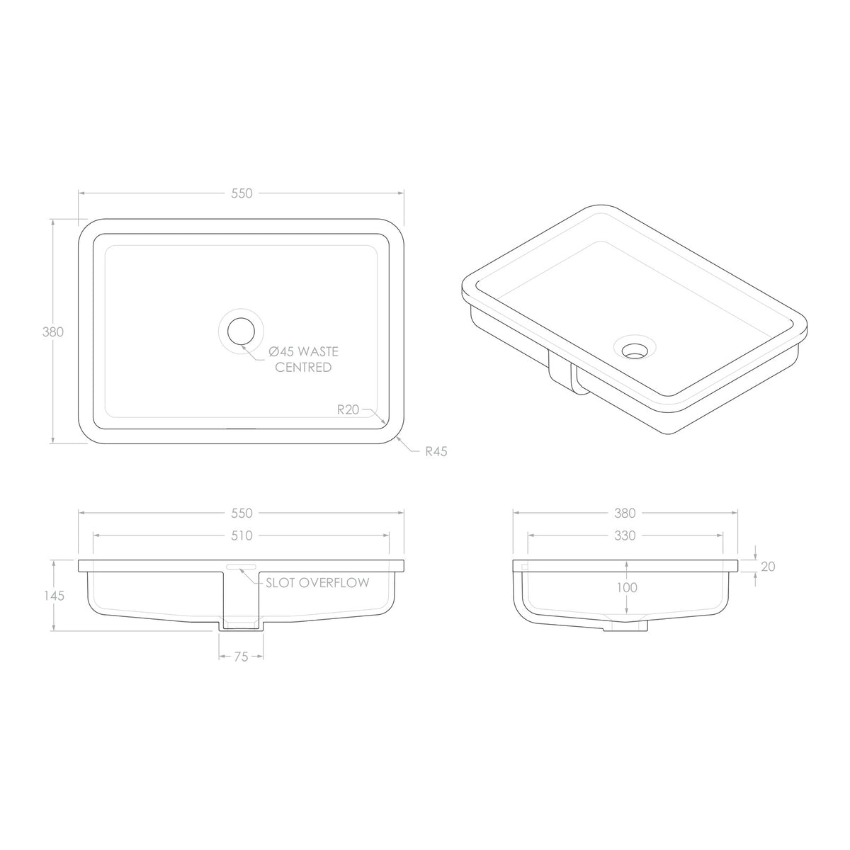 ADP Miranda 550 x 380 Under Counter Basin - Matte White