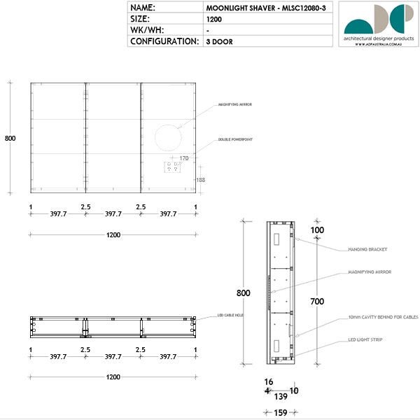 ADP Moonlight shaving cabinet technical drawing, 1200mm 3-door rectangular mirrored cabinet with LED lighting and magnifying mirror details