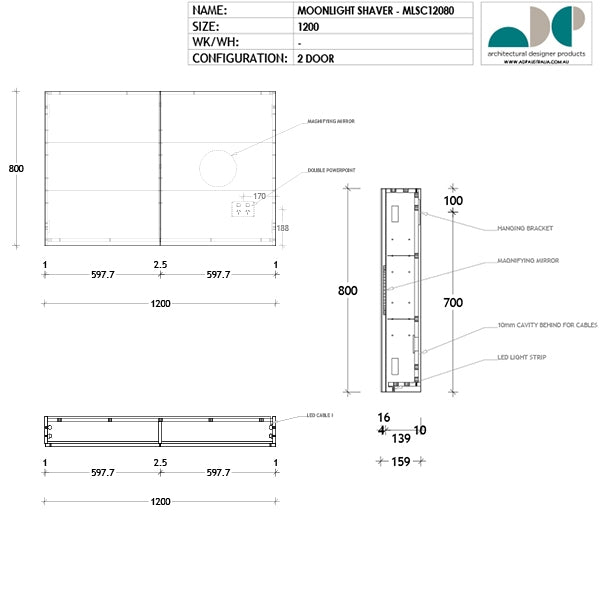 Technical line drawing of ADP Moonlight shaving cabinet LED, 1200mm rectangular 2-door with dimensions and internal layout details