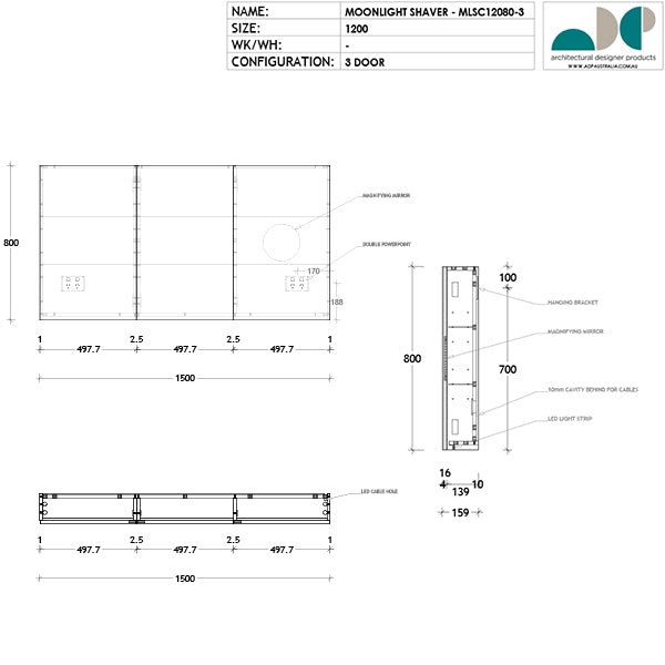 Technical drawing of ADP Moonlight 1500mm 3-door shaving cabinet, with LED strip and 3x magnified mirror detail
