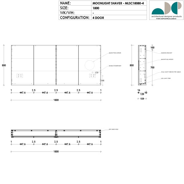 ADP Moonlight 1800mm 4-door shaving cabinet technical drawing, rectangular mirrored LED cabinet with internal double PowerPoint and 3x mirror