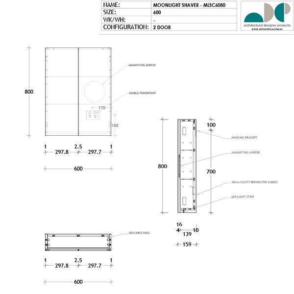 ADP Moonlight shaving cabinet technical drawing, 600mm 2-door rectangular mirrored cabinet with LED strip and magnifying mirror
