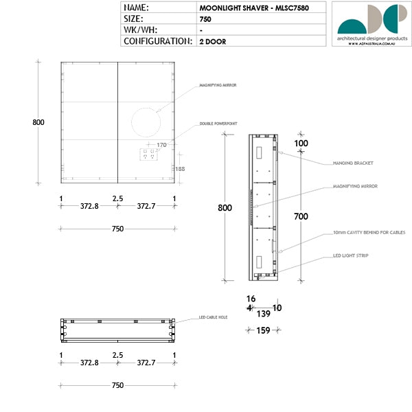 ADP Moonlight shaving cabinet LED technical drawing, 750mm, 2-door rectangular mirrored cabinet with dimensions and internal details