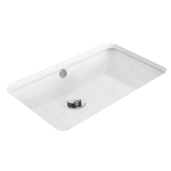 ADP Nesa white rectangular under counter bathroom basin, angled view with waste outlet visible