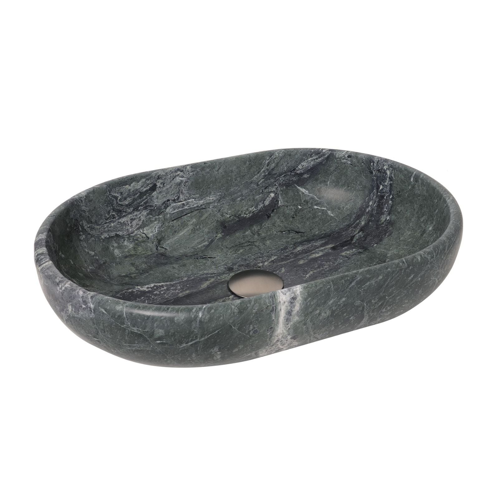 ADP Ollie oval above counter basin in Cape Verde stone, dark green with marbled finish and no tap hole
