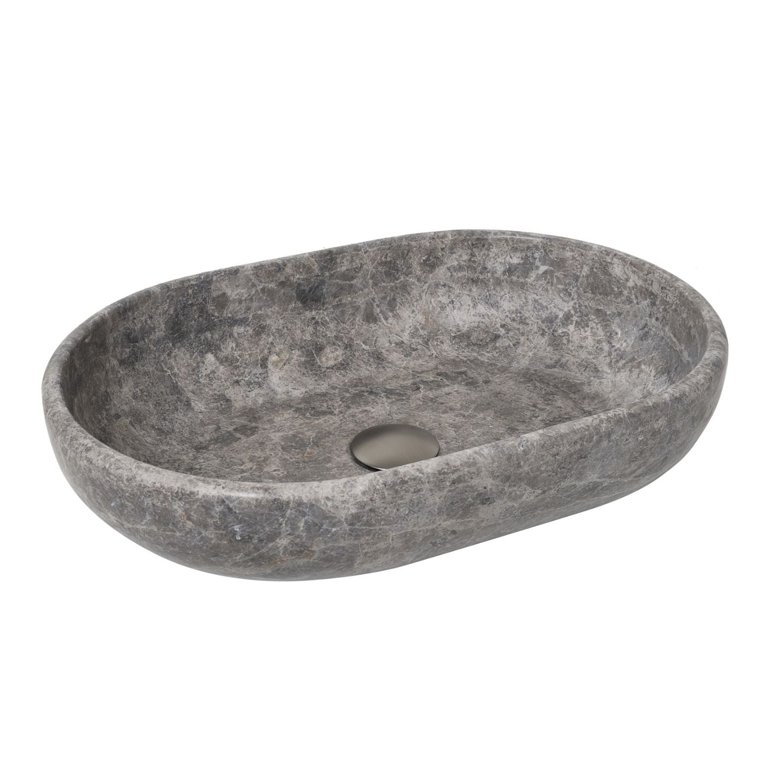 ADP Ollie oval above counter basin in grey stone composite, with marble-like texture and no tap hole