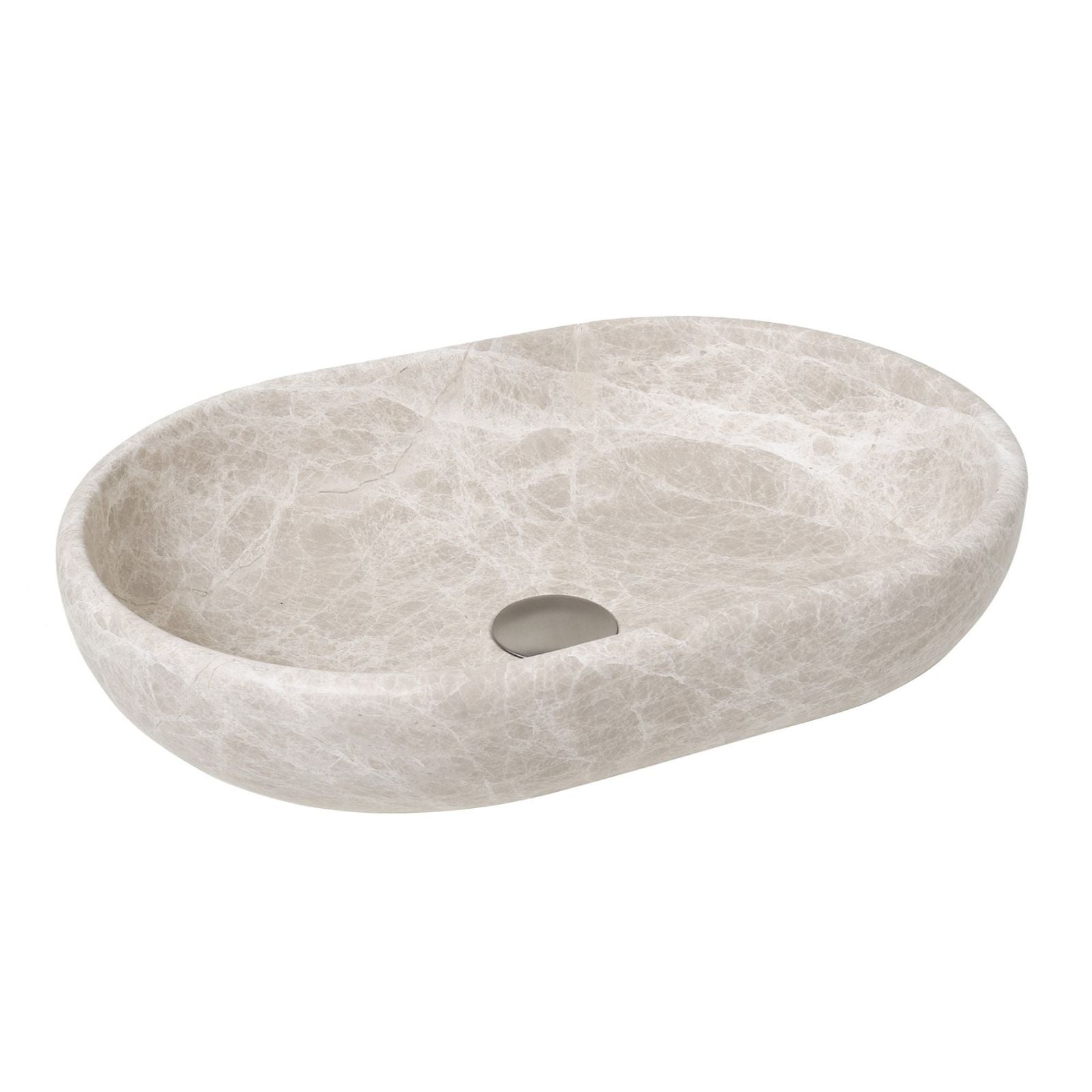 ADP Ollie above counter basin in Royal Beige, oval stone composite sink with no tap hole, shown on white background