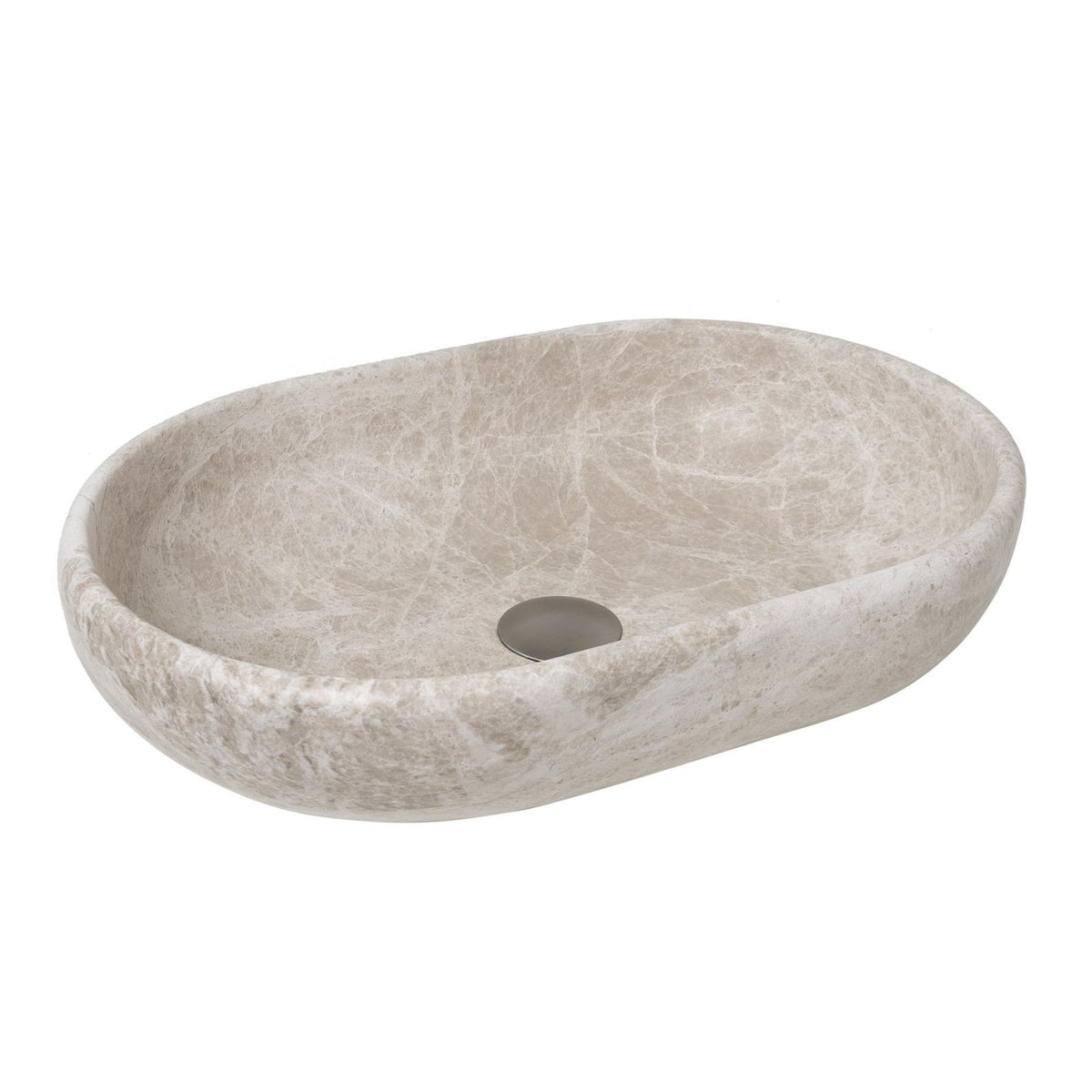 ADP Ollie oval above counter basin in Royal Beige stone with no tap hole, shown on white background