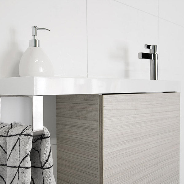 ADP Petite Rail vanity with kickboard, white top and woodgrain cabinet, wall-hung small bathroom vanity with towel rail