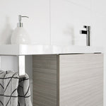 ADP Petite Rail vanity with kickboard, white top and woodgrain cabinet, wall-hung small bathroom vanity with towel rail