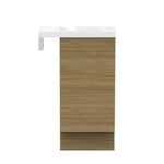 ADP Petite Rail vanity with kickboard, white top and woodgrain cabinet, front view, wall-hung style