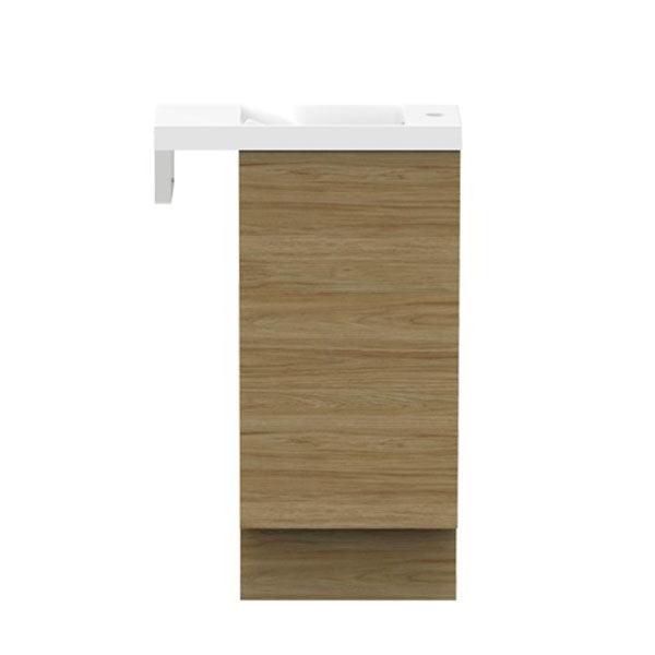 ADP Petite Rail vanity with kickboard, white top and woodgrain cabinet, front view, wall-hung style