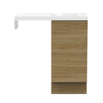 ADP Petite Rail vanity with kickboard, white top and woodgrain cabinet, side view on white background