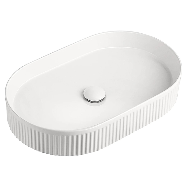 ADP Pill Fluted white above counter basin with oval shape and fluted sides, shown in top view