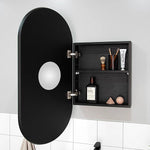 ADP Pill 450mm oval black shaving cabinet, open wall-mounted bathroom mirror cabinet with internal shelves and magnified mirror inset