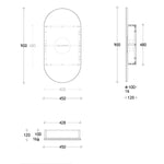 ADP Pill 450mm oval shaving cabinet technical drawing showing front and side dimensions, 120mm deep, with magnified mirror inset