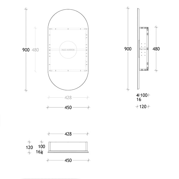 ADP Pill 450mm oval shaving cabinet technical drawing showing front and side dimensions, 120mm deep, with magnified mirror inset