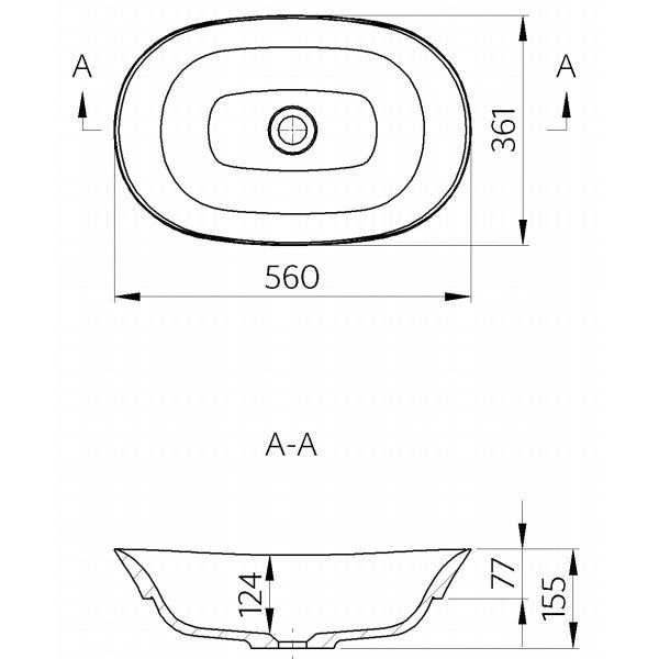 ADP Rise semi-inset basin technical drawing, gloss white, oval 560 x 361 mm with 0 tapholes
