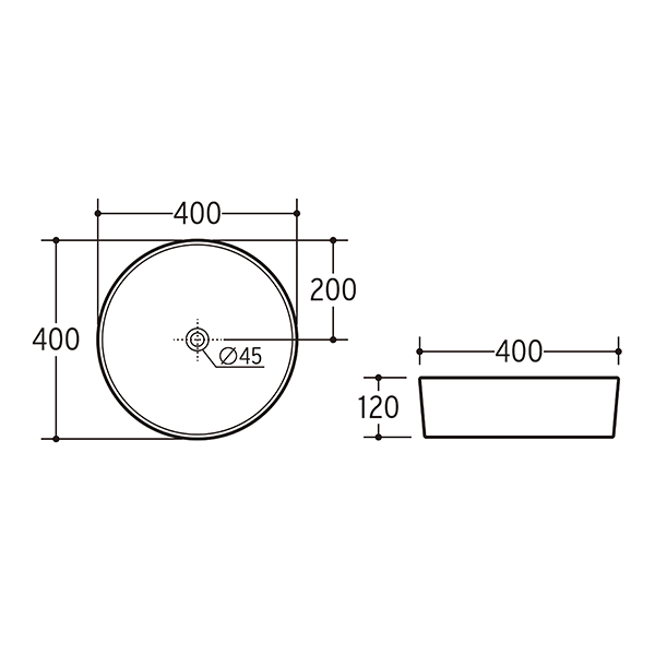 ADP Robbie round above counter basin, white, with 400mm dimensions and 120mm height technical drawing