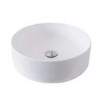 ADP Robbie round above counter basin in matte white with centre waste, shown in angled view