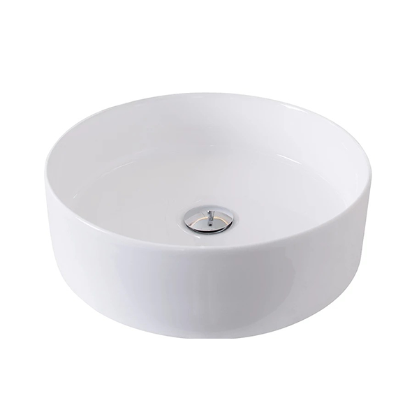 ADP Robbie round above counter basin in matte white with centre waste, shown in angled view