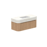 ADP Surry Imperial wall hung vanity with fluted white top, integrated basin and timber-look cabinet, angled view