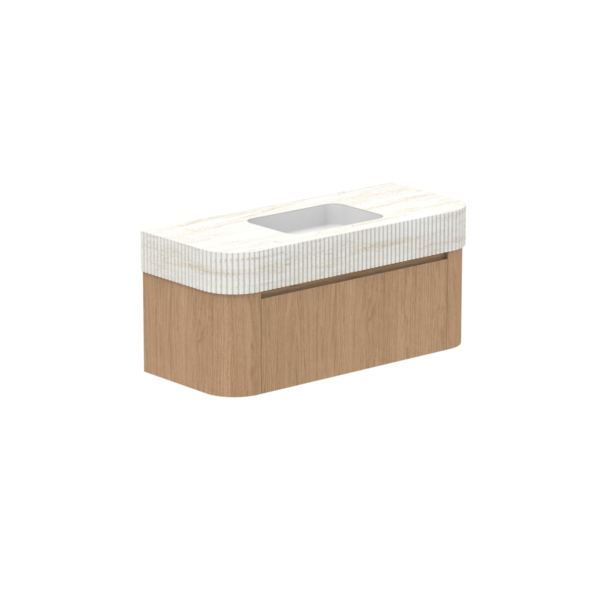 ADP Surry Imperial wall hung vanity with fluted white top, integrated basin and timber-look cabinet, angled view