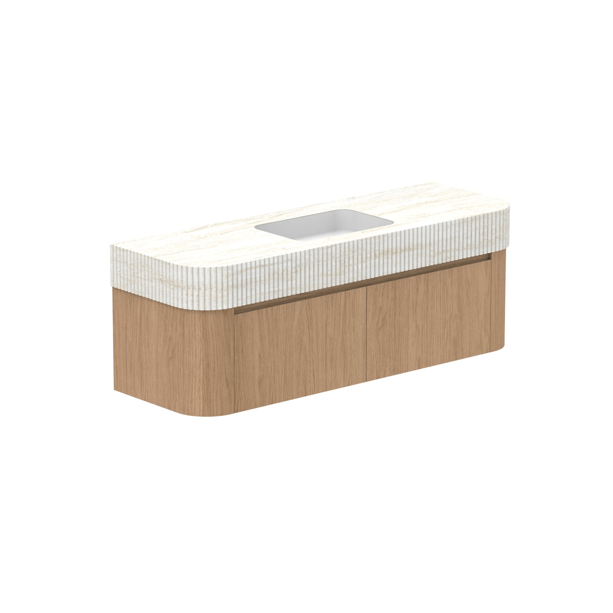 ADP Surry Imperial wall hung vanity with fluted white top, integrated basin and oak-look woodgrain cabinet