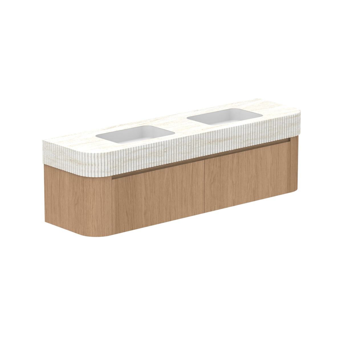 ADP Surry Imperial wall hung vanity, oak-look timber finish with white fluted top and double basins, angled view